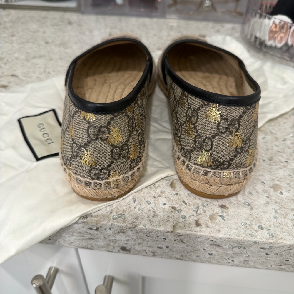 Gucci Brown & Gold Monogram Bee Espadrille Flats - Picture 6 of 8